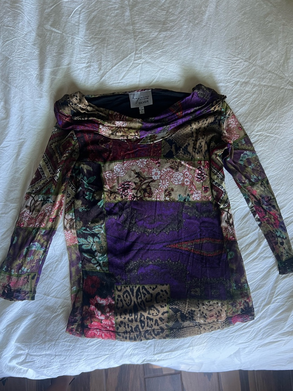Lynn Ritchie Silver Vintage Purple Multicolor Patchwork Animal Print Silk Blouse